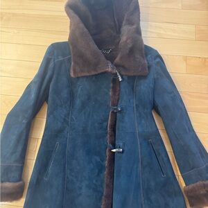 Womens Navy Suede Shearling Trench Coat with Brown Trim